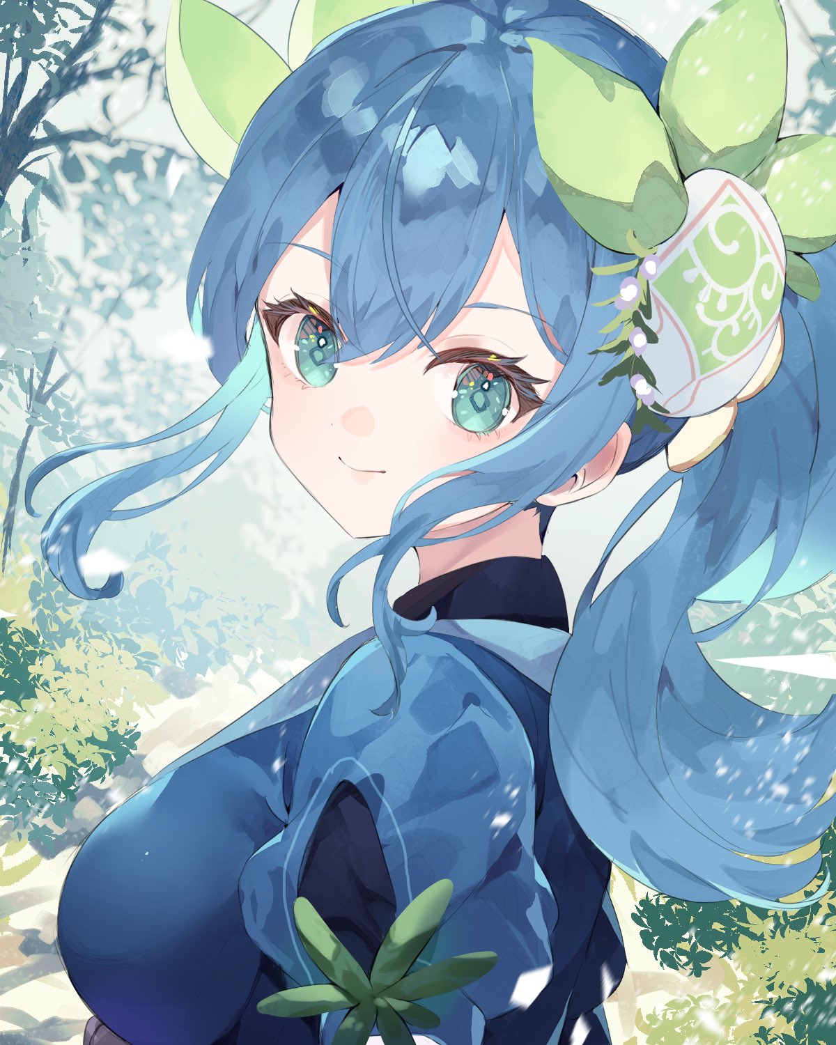 1girl, aromage_rosemary, blue_dress, blue_hair, breasts, dress, duel_monster, garden