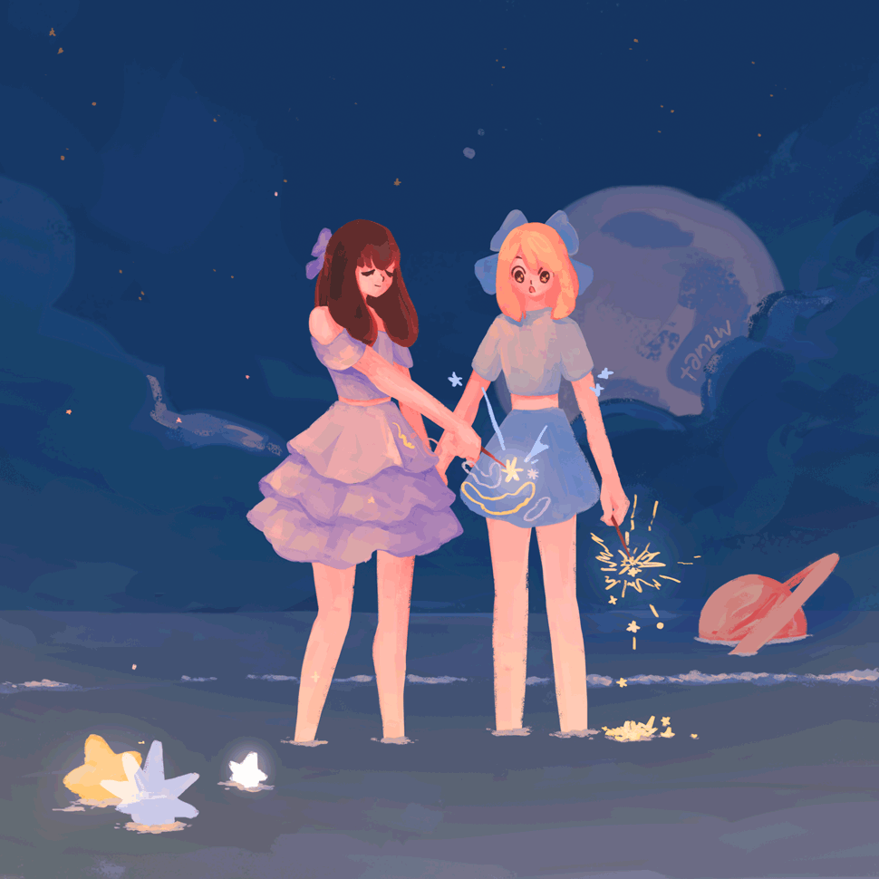2girls, animated, animated_gif, artist_name, bare_shoulders, blonde_hair, blue_skirt, bow, brown_hair, closed_eyes, clouds, crop_top, fireworks, holding, holding_fireworks, layered_skirt, long_hair, looping_animation, medium_hair, moon, multiple_girls, no_lineart, off-shoulder_shirt, off_shoulder, open_mouth, original, outdoors, planet, purple_bow, purple_skirt, shirt, short_sleeves, skirt, sky, sparkler, star_(sky), star_(symbol), starry_sky, tan2w, water, waves