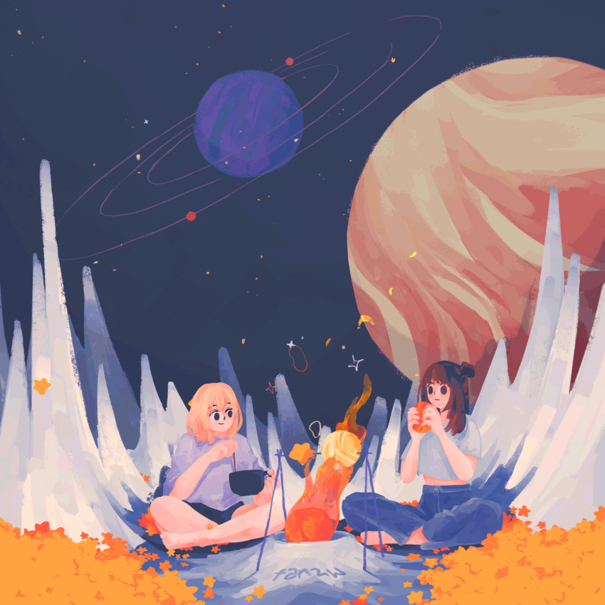 2girls, animated, animated_gif, artist_name, barefoot, black_eyes, blonde_hair, blue_pants, brown_hair, campfire, crop_top, eating, half_updo, highres, indian_style, long_hair, looping_animation, medium_hair, multiple_girls, no_lineart, original, pants, planet, shooting_star, shorts, sitting, sky, solid_eyes, star_(sky), star_(symbol), starry_sky, stirring, tan2w