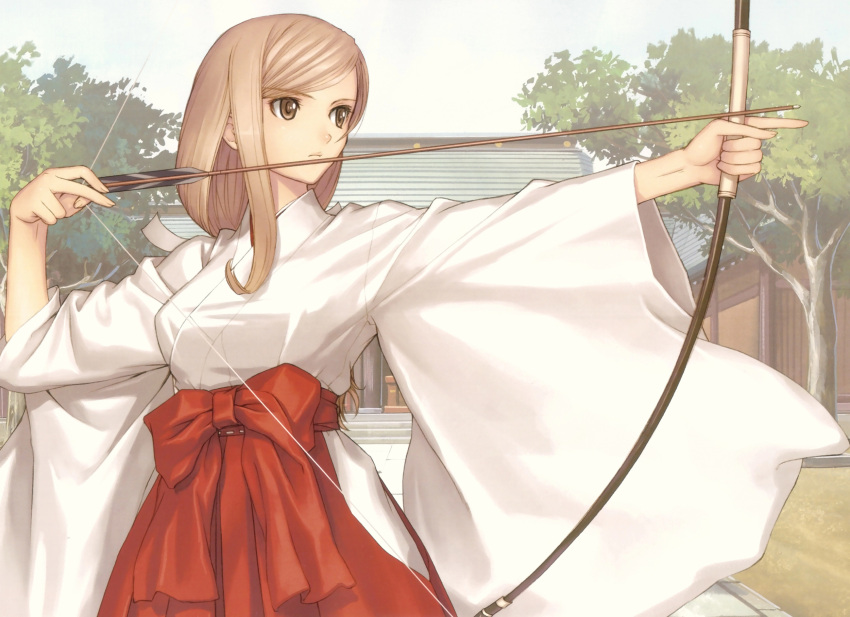 arrow, bow, bow_(weapon), long_hair, miko, shining_wind, shrine, tagme_(character), taka_tony, touka_kureha, weapon