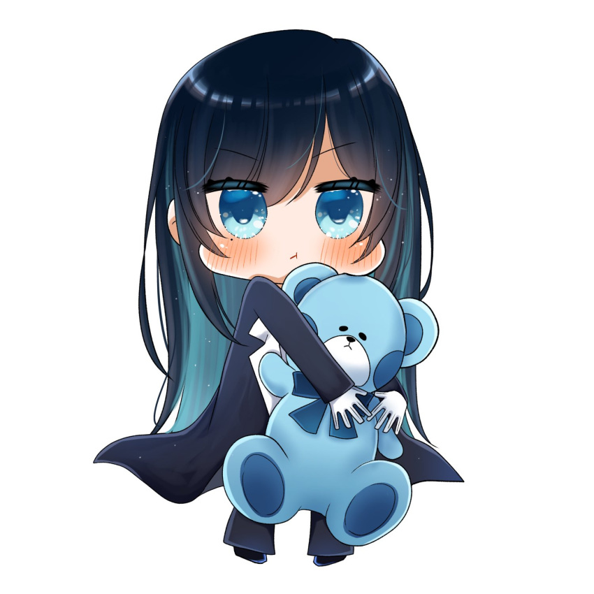1girl, ado_(utaite), black_hair, blue_eyes, blue_hair, blush, chando_(ado), chibi