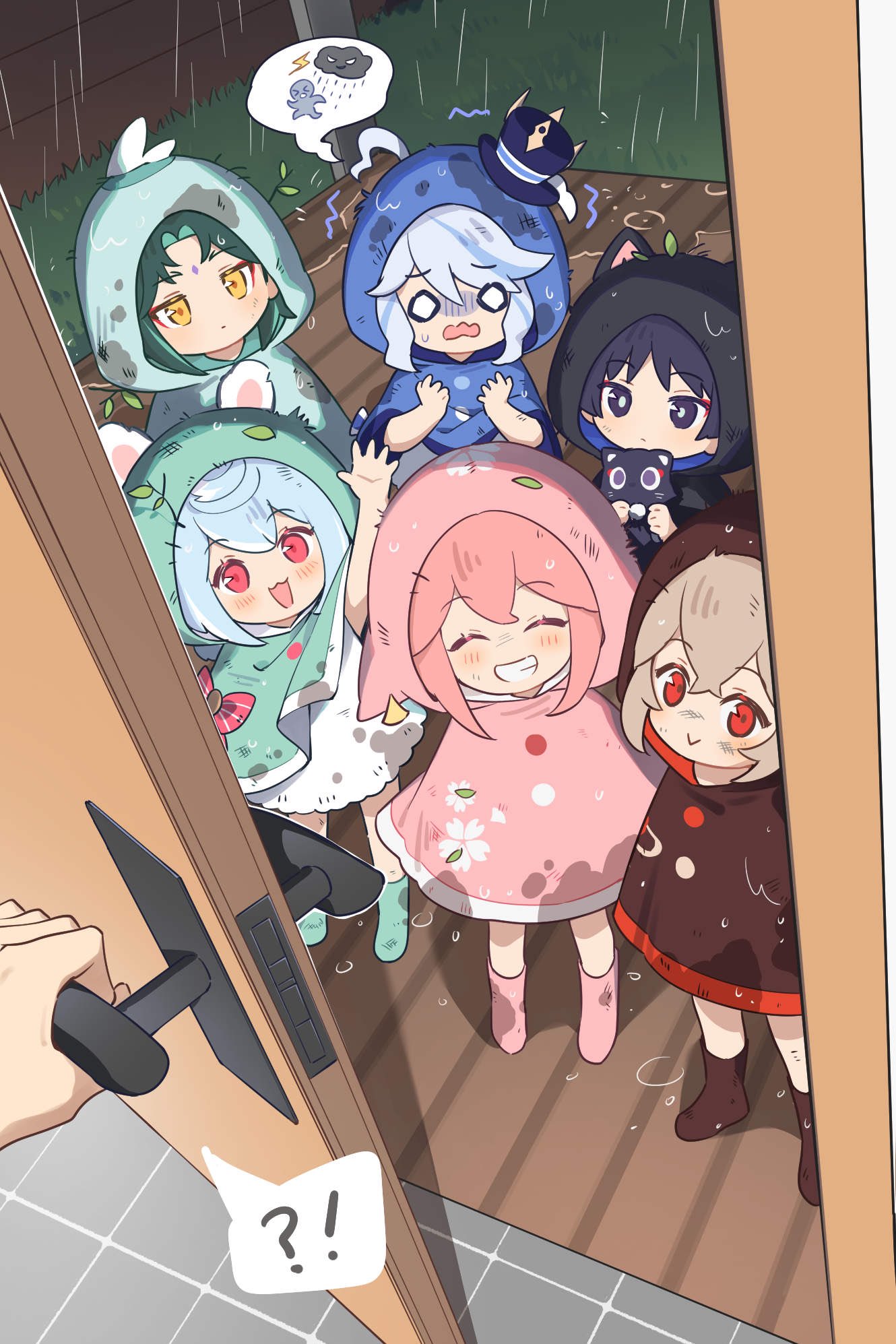 !?, 3boys, 3girls, :>, aged_down, ahoge, alternate_costume, animal