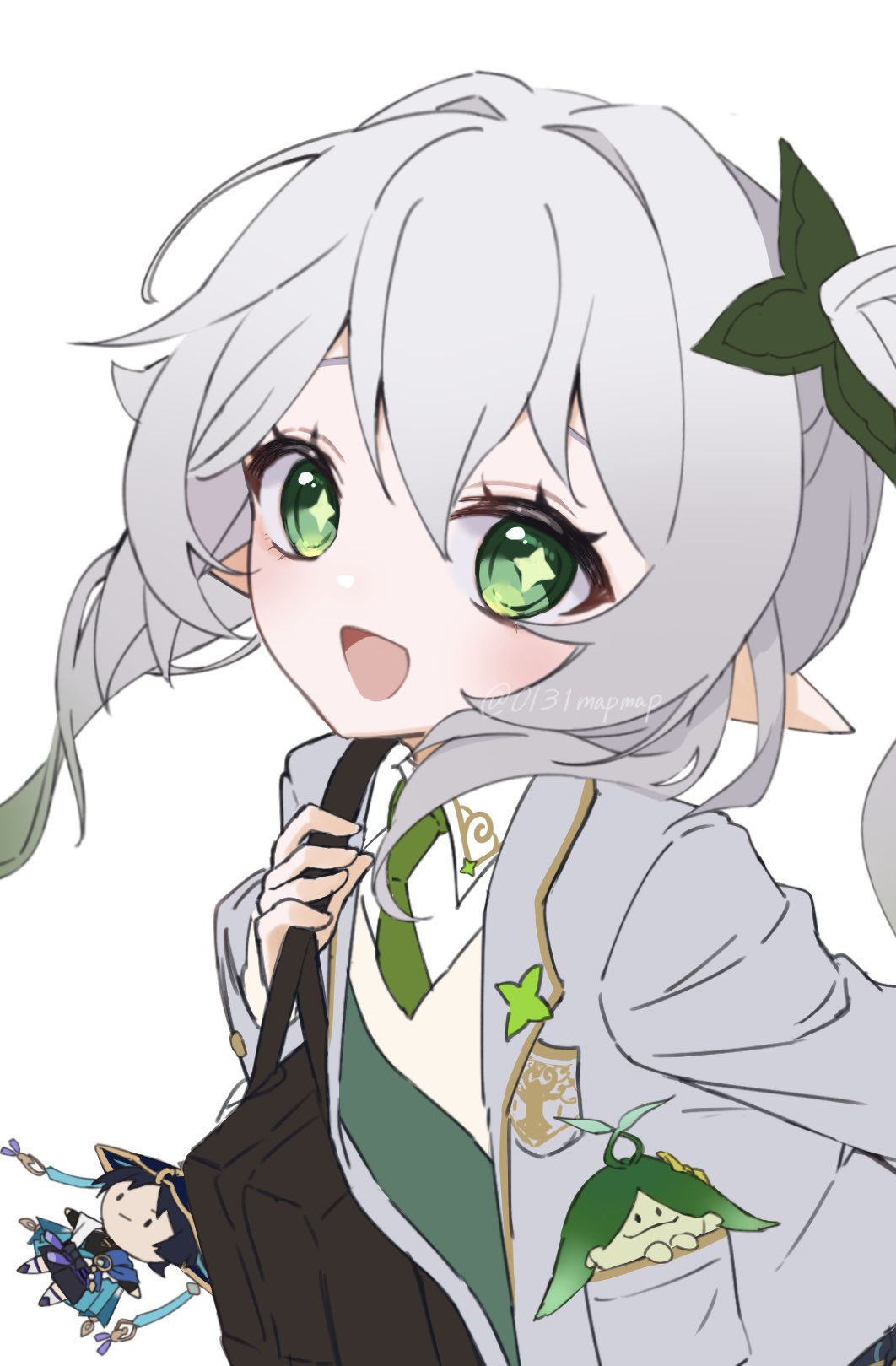 1girl, alternate_costume, aranara_(genshin_impact), bag, blazer, blush, brown_bag, character_doll