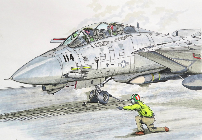 3boys, aim-54_phoenix, aircraft, aircraft_carrier, aircraft_marshaller, airplane, english_text, f-14_tomcat