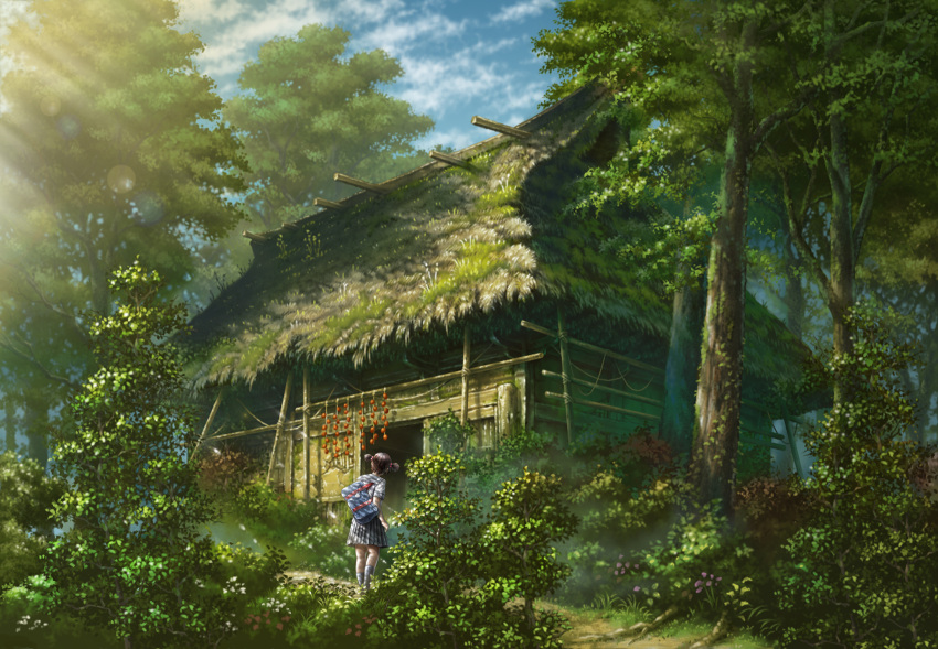 1girl, bag, forest, hair_bobbles, hair_ornament, highres, house, kashi_takahisa