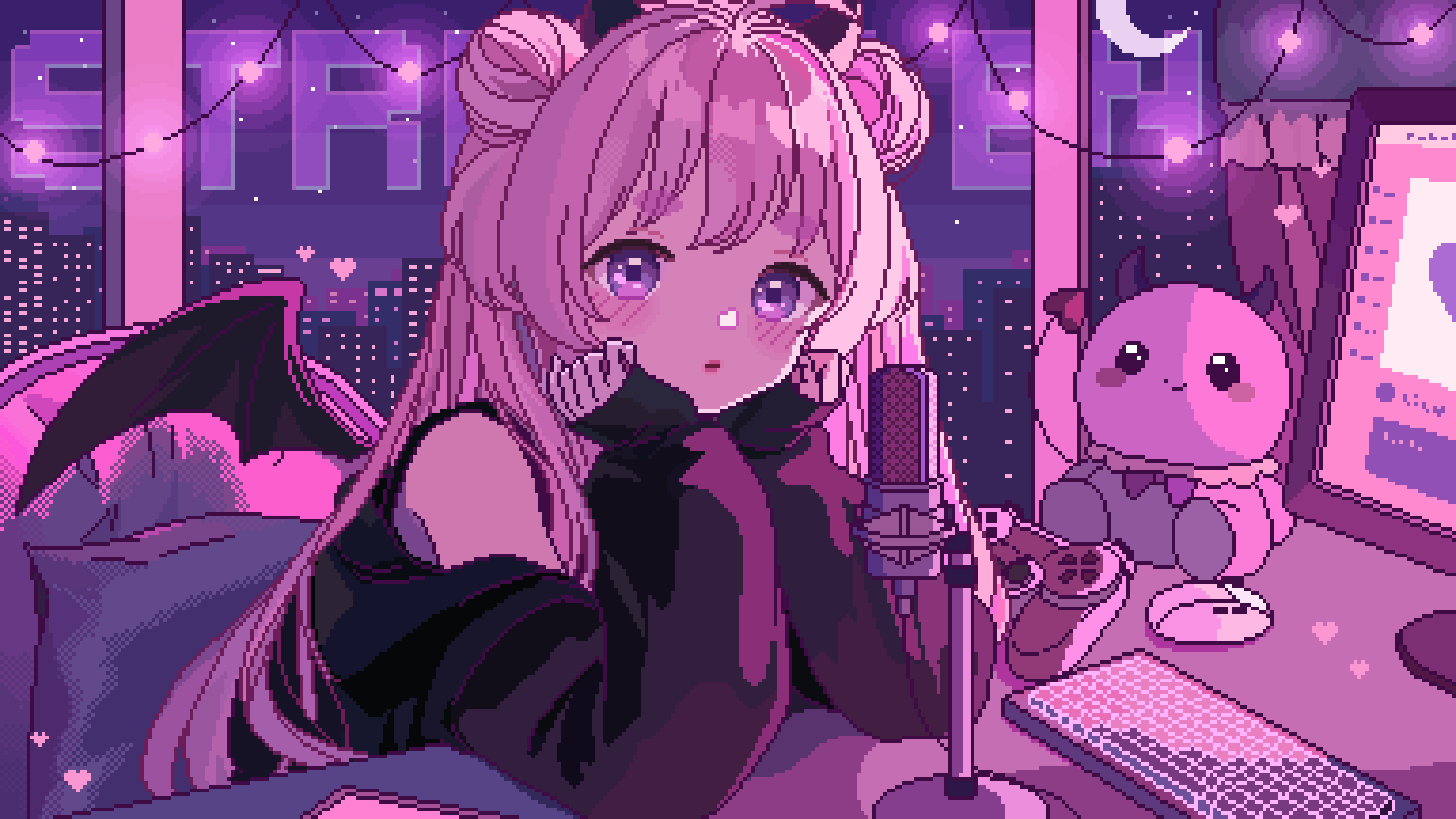 bat_wings, blush, building, chair, character_request, city, closed_mouth, commission, computer, computer_keyboard, controller, desk_microphone, double_bun, game_controller, gamepad, hair_bun, heart, highres, indie_virtual_youtuber, lips, long_hair, long_sleeves, looking_at_viewer, microphone, monitor, night, night_sky, pillow, pink_eyes, pink_hair, pink_theme, short_eyebrows, shusi_(6muuu3), sidelocks, sitting, sky, stuffed_toy, upper_body, virtual_youtuber, wings, wispy_bangs