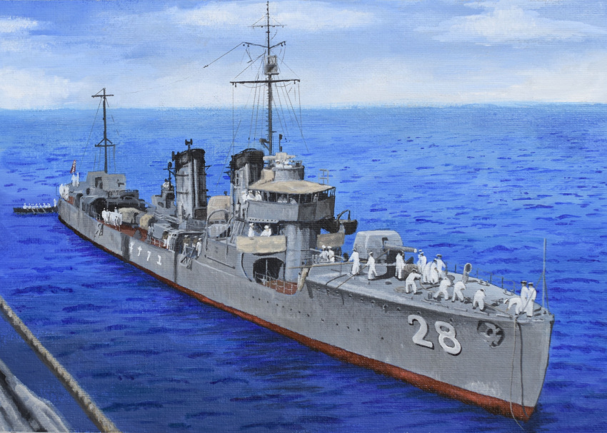 6+boys, absurdres, acrylic_paint_(medium), atelier_bono, blue_sky, cannon, day, destroyer