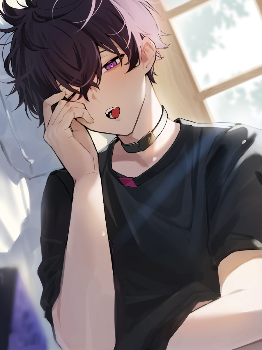 1boy, arm_up, bed, black_hair, black_shirt, boss_yupi, clothes_lift, commentary