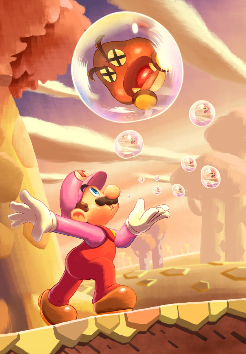 1boy, artist_name, blue_eyes, brown_hair, bubble, bubble_mario, clouds, day