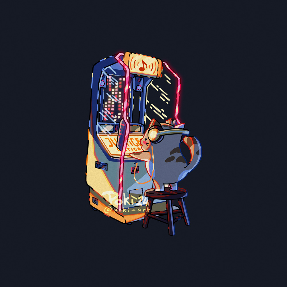 animal, animal_focus, arcade_cabinet, bemani, brown_cat, cat, commentary, english_commentary