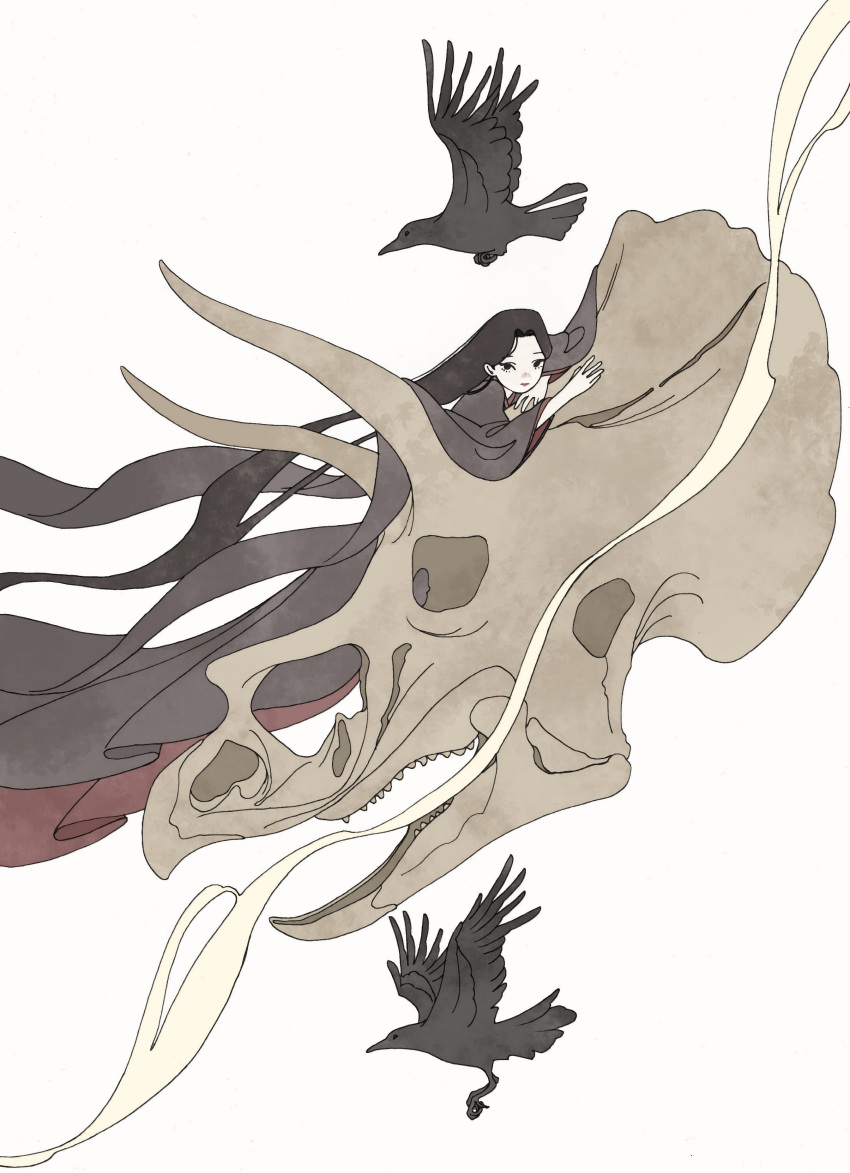 1girl, absurdres, animal_skull, bird, black_bird, black_eyes, black_hair, black_kimono