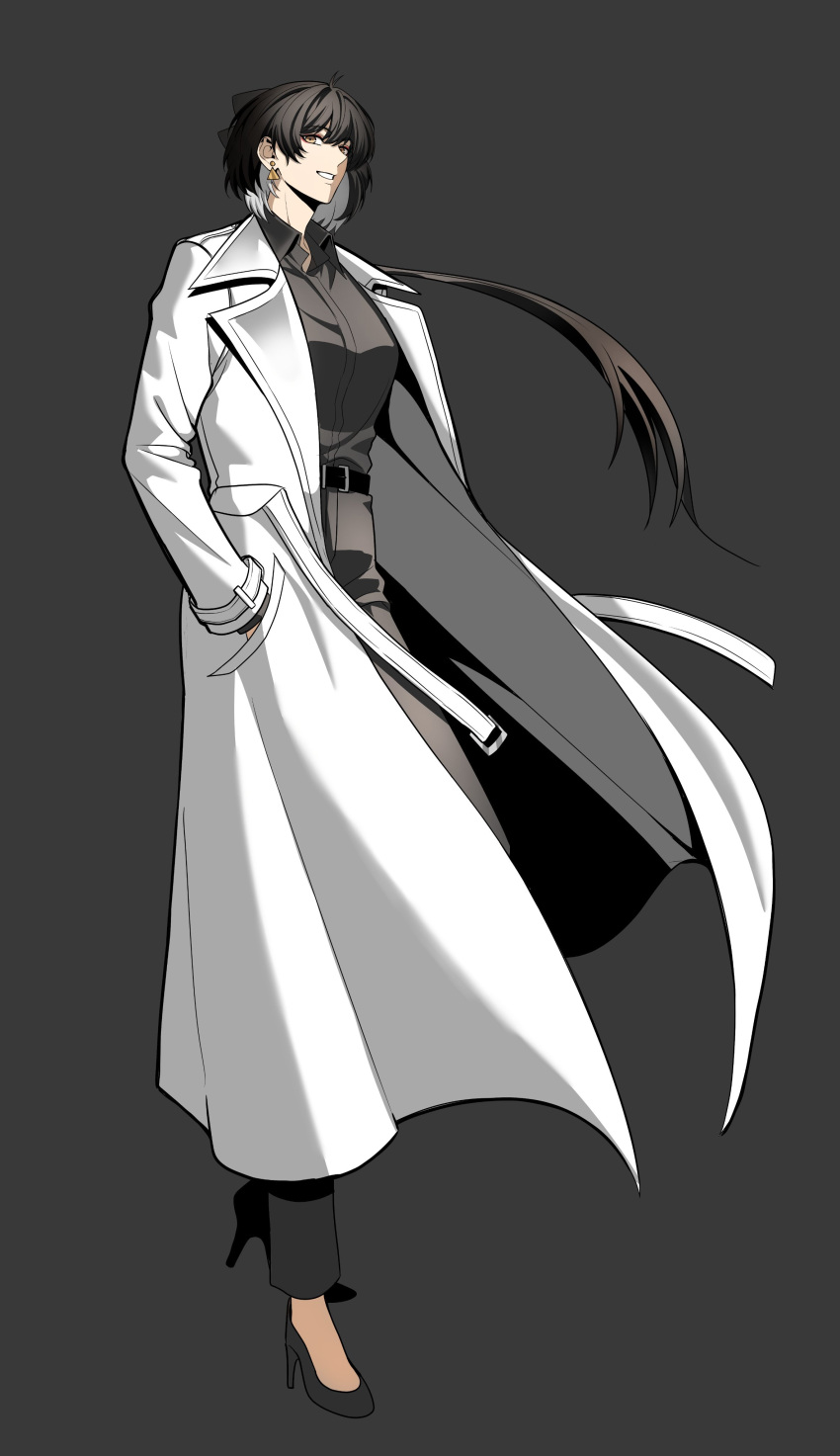 1girl, absurdres, belt, black_belt, black_bow, black_hair, black_shoes, bow