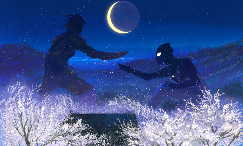 1boy, 1other, alien, architecture, cherry_blossoms, color_timer, commentary_request, crescent_moon