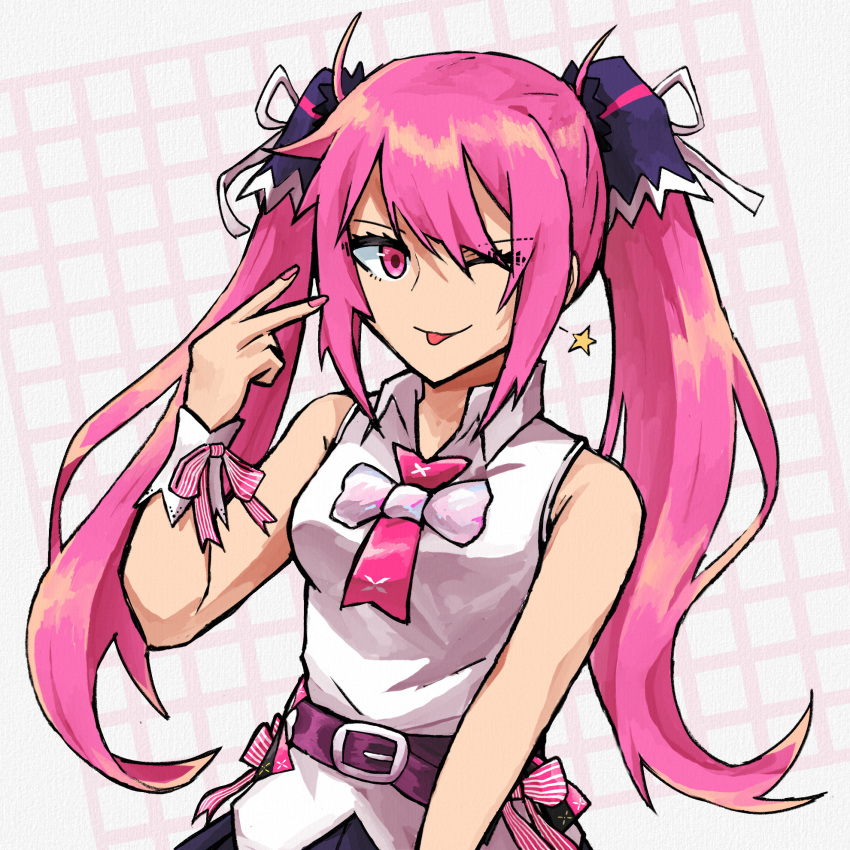 1girl, ;p, beatmania_(series), beatmania_iidx, belt, bemani, black_skirt, bow