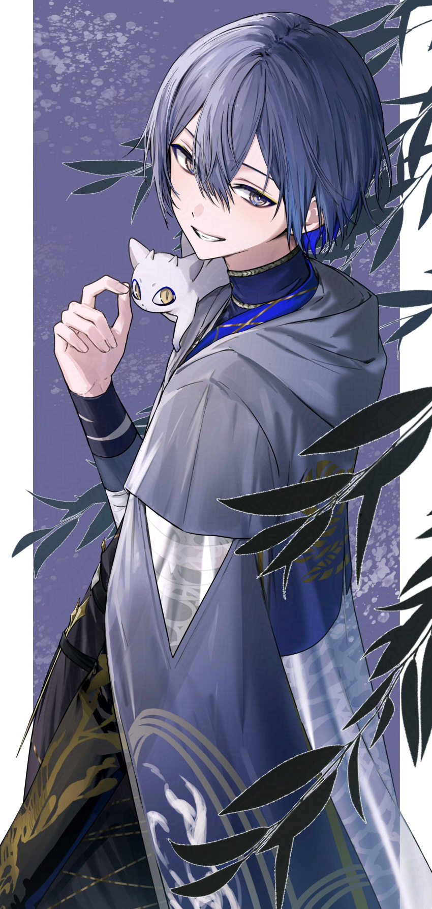 1boy, absurdres, animal_on_shoulder, arm_up, blue_hair, cape, cat, cat_on_shoulder