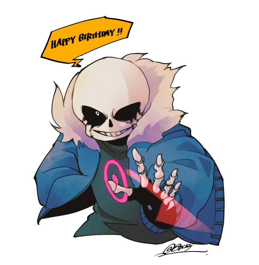 1boy, alternate_universe, english_text, fur_trim, grin, happy_birthday, highres, hollow_eyes, killer_sans, killertale, male_focus, sakekuzu_no_ame, sans_(undertale), sans_(undertale_au), simple_background, skeleton, smile, solo, speech_bubble, teeth, twitter_username, undertale, undertale:_something_new, undertale_au, upper_body, white_background, white_eyes