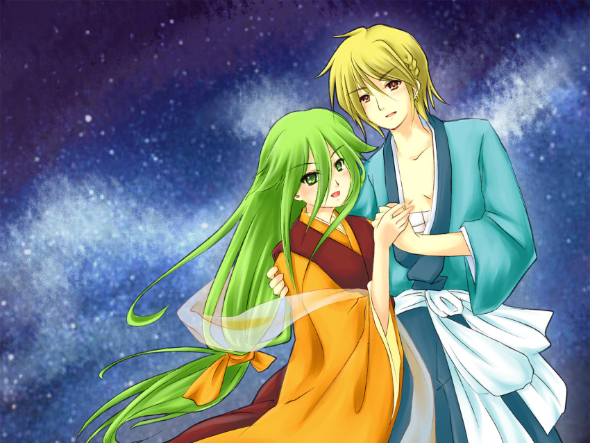 chinese_clothes, cosplay, couple, green_eyes, green_hair, highres, hikoboshi, japanese_clothes