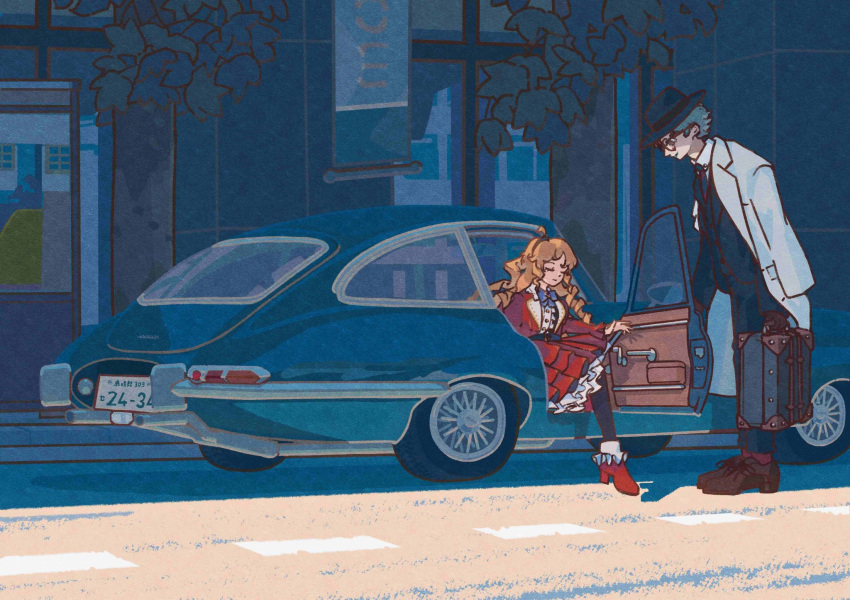 1boy, 1girl, blue_bow, blue_bowtie, bow, bowtie, car, dress