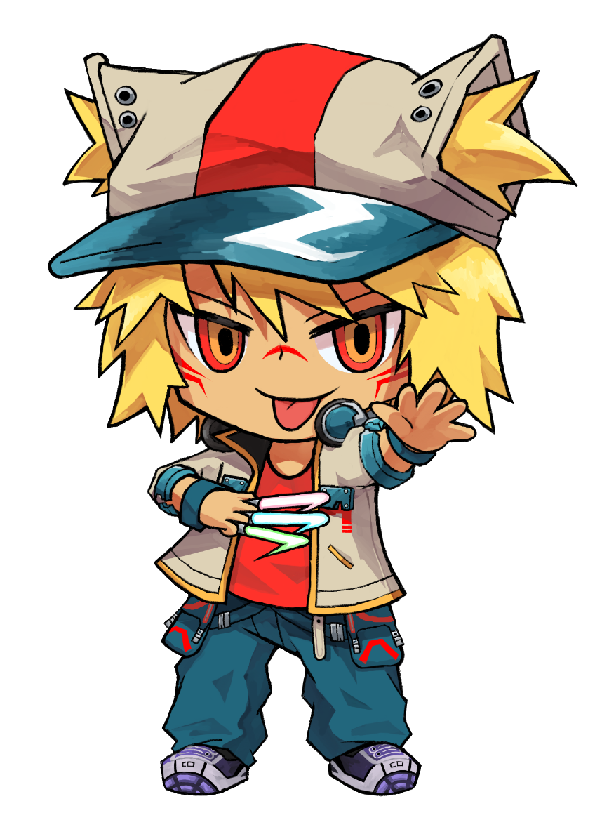 1boy, :p, animal_ears, animal_hat, baseball_cap, beatmania_(series), beatmania_iidx, bemani, blonde_hair, blue_pants, cat_hat, chibi, chibi_only, commentary, english_commentary, fake_animal_ears, glowstick, green_shirt, hat, holding, holding_glowstick, jacket, long_sleeves, looking_at_viewer, male_focus, nix_(beatmania_iidx), open_clothes, open_jacket, outline, owatasalty, pants, red_eyes, ringed_eyes, shirt, shoes, short_hair, smile, sneakers, solo, spiky_hair, tan, tongue, tongue_out, transparent_background, v-shaped_eyes, white_hat, white_jacket, white_outline, white_shoes