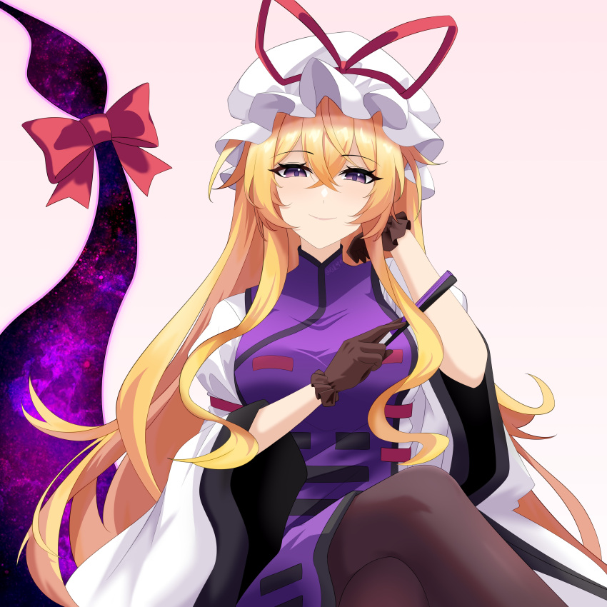 1girl, absurdres, blonde_hair, breasts, brown_gloves, brown_pantyhose, closed_mouth, commentary_request