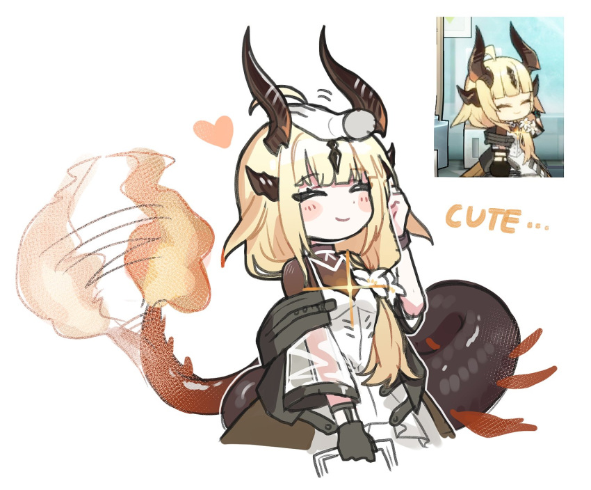 1girl, arknights, blonde_hair, closed_eyes, dragon_girl, dragon_horns, dragon_tail, dress