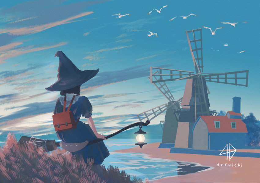 1girl, backpack, bag, bird, broom, building, chimney, dress
