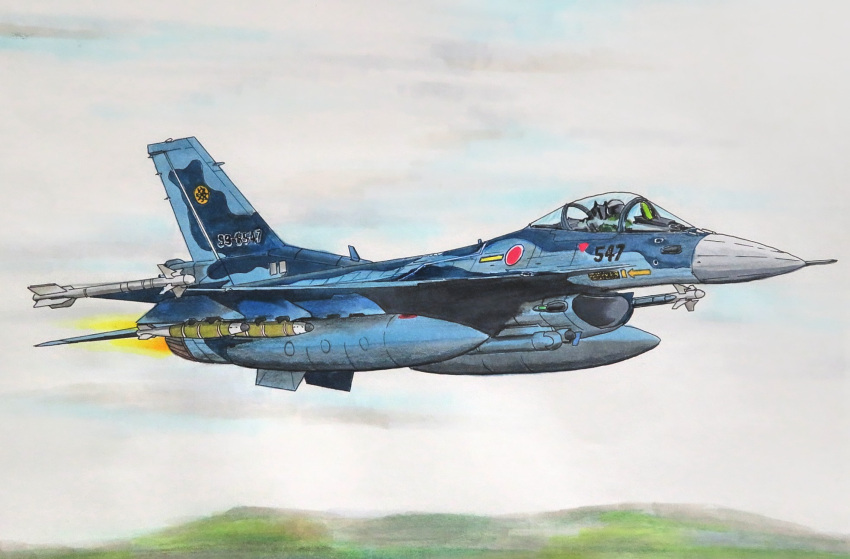 aim-9_sidewinder, aircraft, airplane, clouds, cloudy_sky, external_fuel_tank, fighter_jet, helmet, highres, japan_air_self-defense_force, japan_self-defense_force, military, military_vehicle, mitsubishi_f-2, original, pilot, pilot_helmet, sky, smile_(jdsmyoko), vehicle_focus