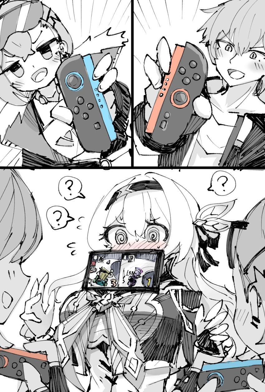 1boy, 2girls, 6sakuu, ?, @_@, absurdres, blush, breasts