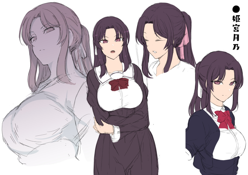 1girl, aiue_oka, black_dress, bow, bowtie, commentary_request, concept_art, dress
