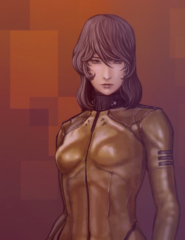 abs, ahoge, bodysuit, breasts, brown_hair, katou_yuu, lips, long_hair, military, military_uniform, mori_yuki, oldschool, pilot_suit, purple_eyes, realistic, science_fiction, uchuu_senkan_yamato, uniform, violet_eyes, yukato1999