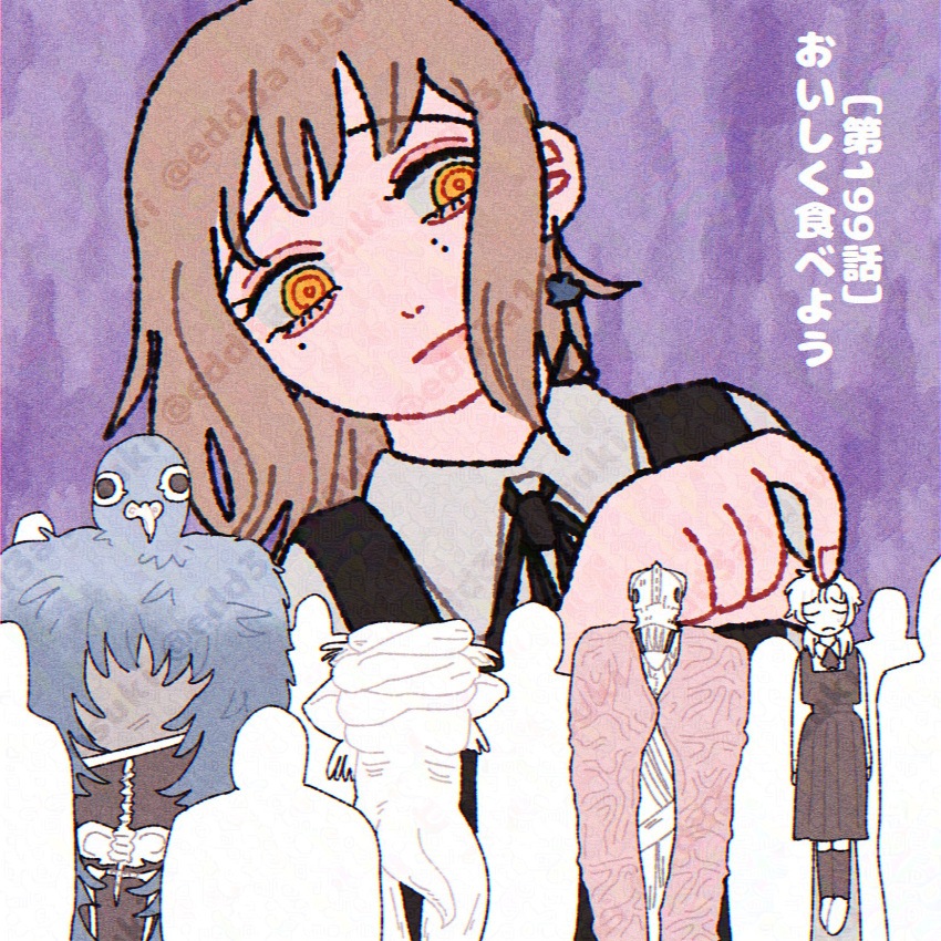 3girls, black_dress, chainsaw_man, closed_mouth, collared_shirt, commentary_request, dress, fake_chainsaw_man