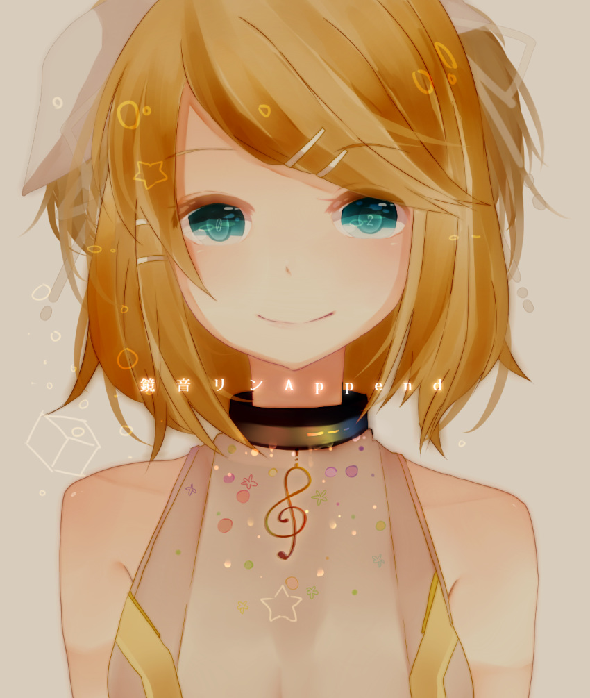 aqua_eyes, bad_id, blonde_hair, bust, face, hair_ornament, hair_ribbon, hairclip, highres, itamidome, kagamine_rin, kagamine_rin_(append), ribbon, short_hair, smile, solo, symbol-shaped_pupils, vocaloid, vocaloid_append