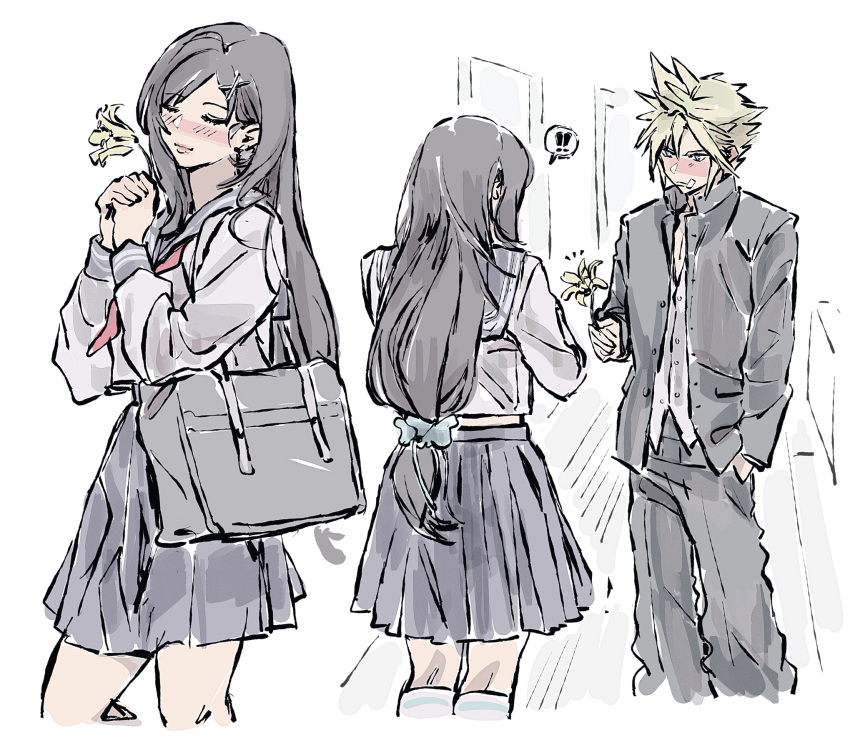 !, !!, 1boy, 1girl, bag, bandaid, bandaid_on_cheek, bandaid_on_face