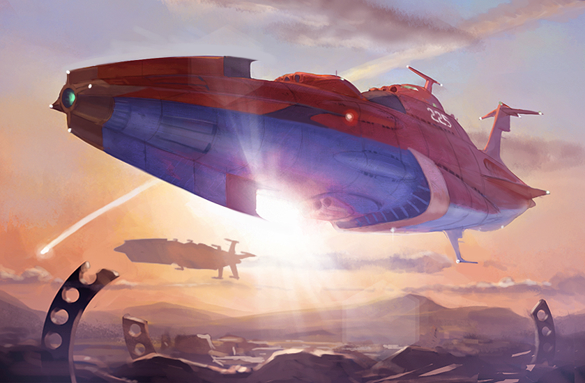 cannon, cloud, clouds, condensation_trail, contrail, epic, flying, fmu, futuristic, kodai_mamoru, landscape, meteor, mogami_(spaceship), mountain, no_humans, okita_juzo, oldschool, realistic, ruins, scenery, science_fiction, shooting_star, sky, space_craft, spaceship, sun, sunrise, turret, uchuu_senkan_yamato, yukikaze_(spaceship)