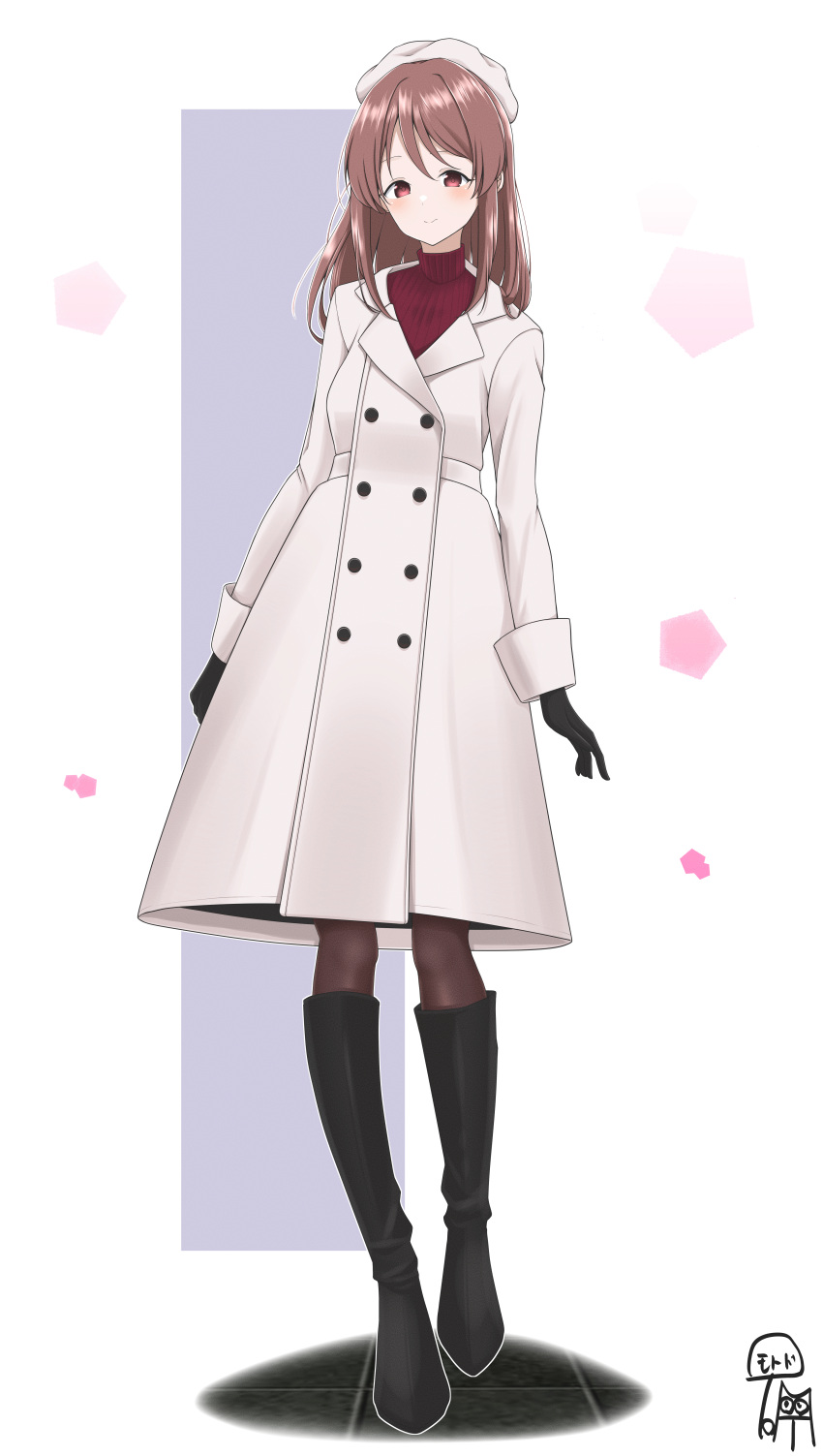 1girl, absurdres, beret, black_boots, black_gloves, boots, brown_hair, brown_pantyhose