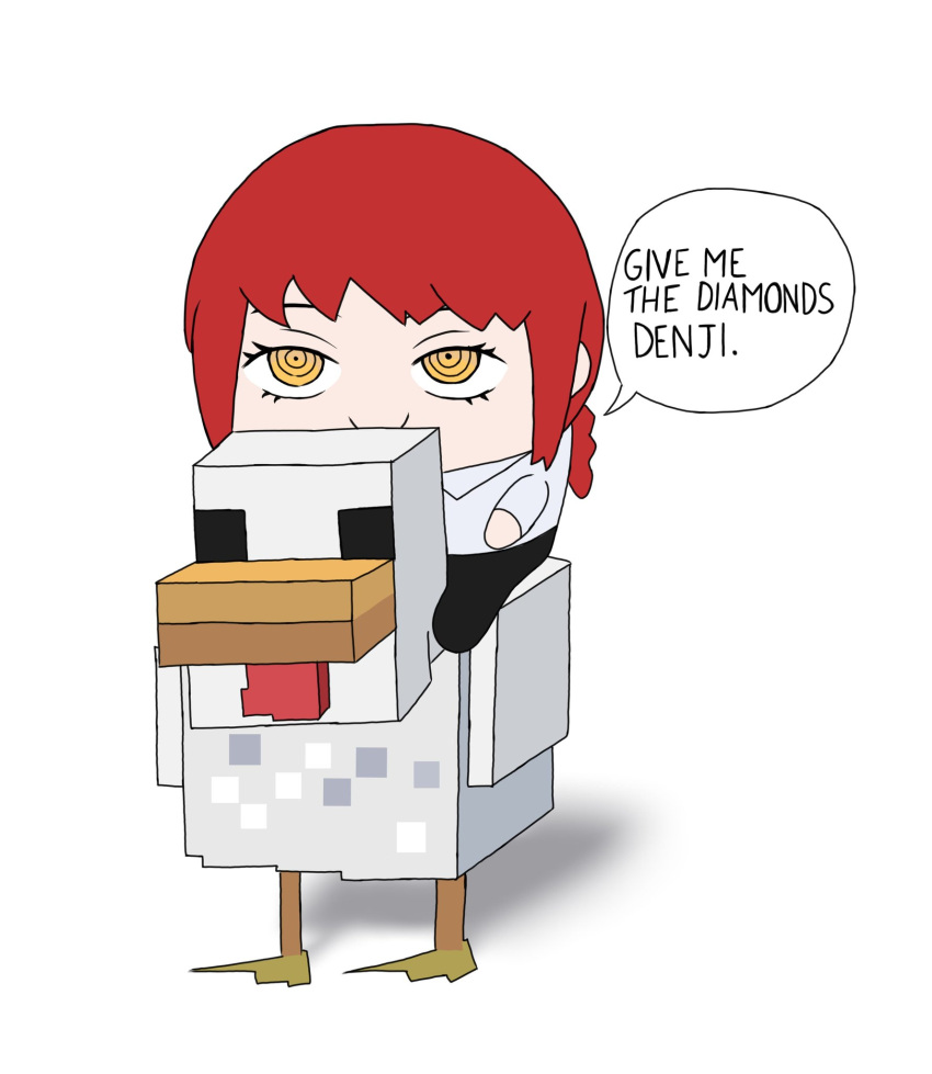 1girl, animal, bird, chainsaw_man, chibi, chibi_only, chicken, chicken_(minecraft)
