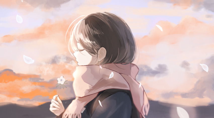1girl, bob_cut, brown_hair, closed_eyes, closed_mouth, clouds, earrings, enpera