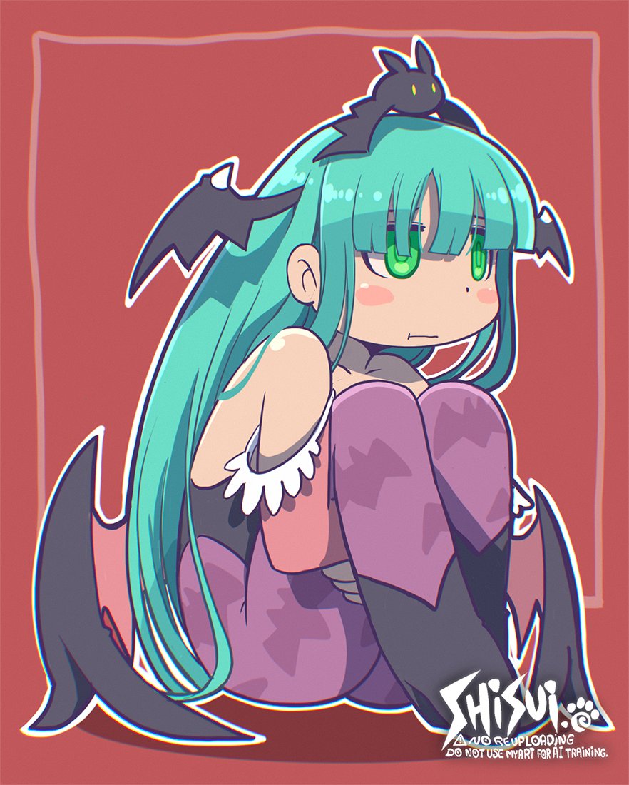 1girl, bare_shoulders, bat_(animal), black_leotard, blush_stickers, brown_hair, commentary, darkstalkers