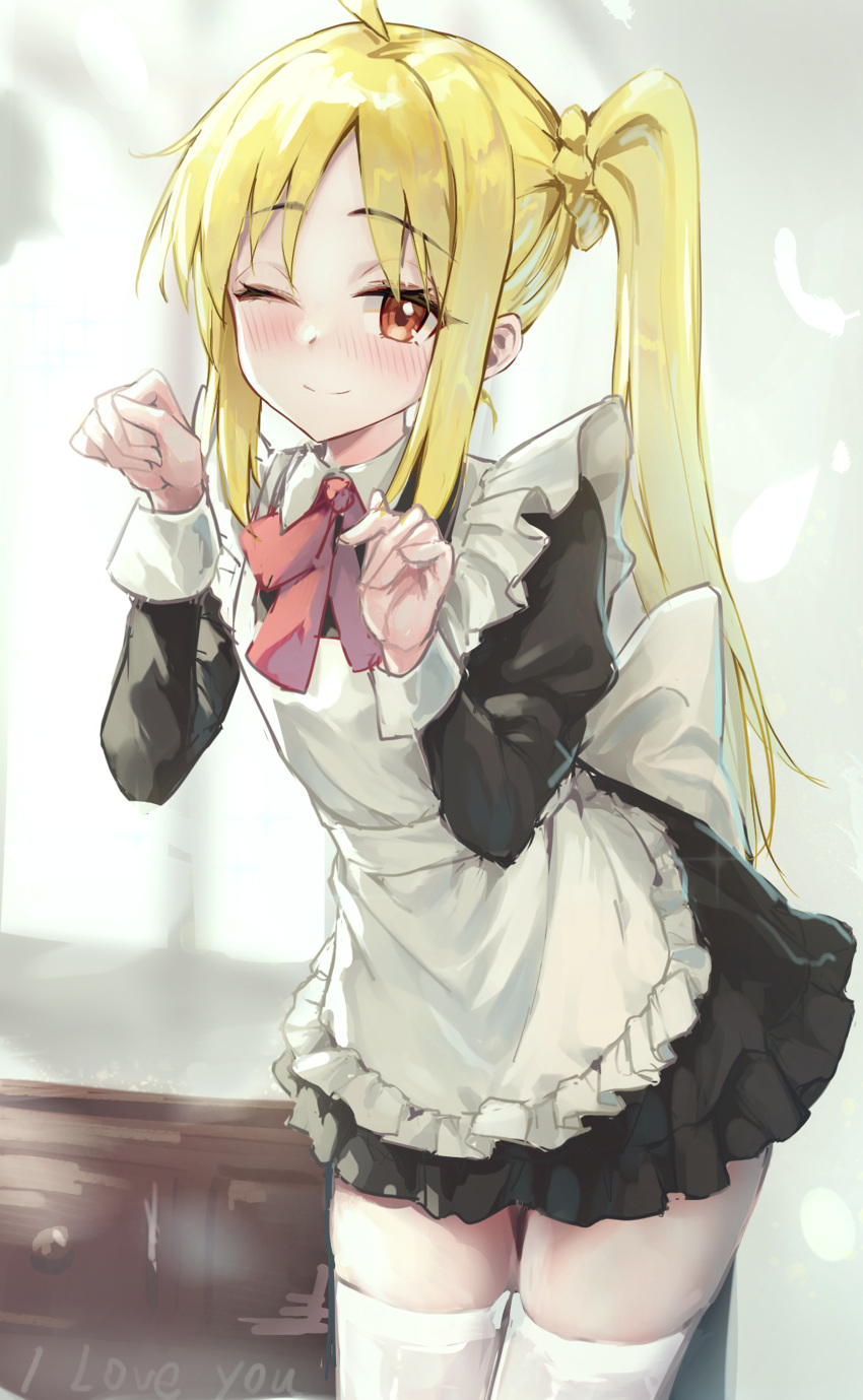 1girl, ;), absurdres, ahoge, alternate_costume, apron, black_shirt, black_skirt