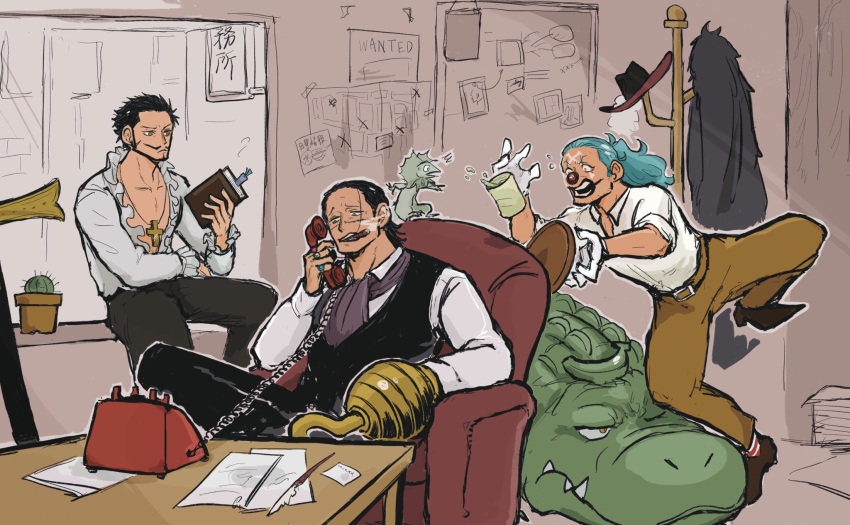 3boys, ascot, bananawani_(one_piece), beard, beard_stubble, black_hair, blue_hair, book