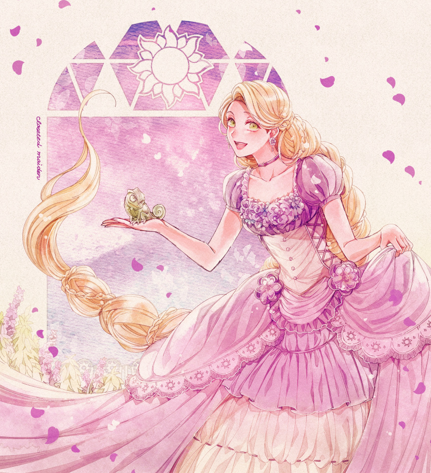 1girl, 1other, absurdly_long_hair, absurdres, blonde_hair, braid, chameleon, dress