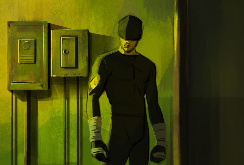 1boy, bandages, black_pants, black_shirt, blind, daredevil, daredevil_(netflix), highres