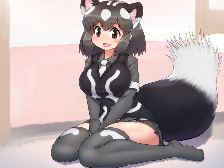 1girl, :d, animal_ears, bed, between_legs, black_eyes, black_hair, black_vest