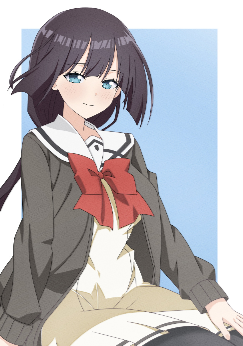 1girl, absurdres, black_cardigan, black_hair, black_pantyhose, blue_background, blue_eyes, blush