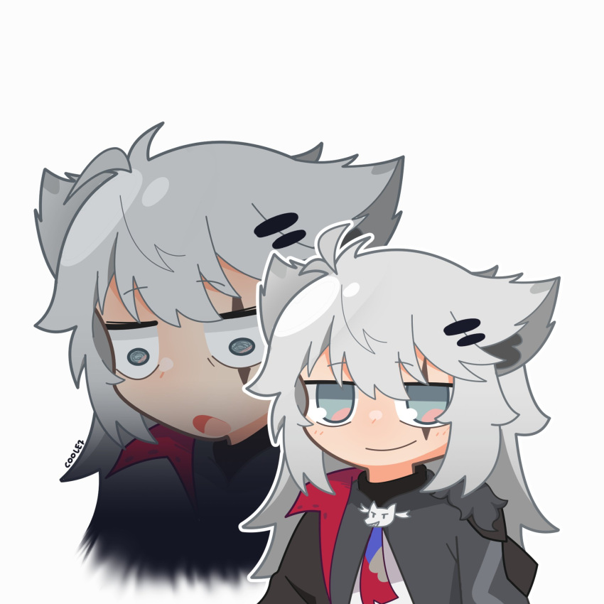 1girl, :o, ahoge, animal_ears, arknights, chibi, closed_mouth, coolez, floppy_ears, grey_eyes, grey_hair, highres, lappland_(arknights), lappland_the_decadenza_(arknights), long_hair, multiple_views, necktie, open_mouth, scar, scar_across_eye, scar_on_face, simple_background, smile, surprised, white_background, wolf_ears, wolf_girl