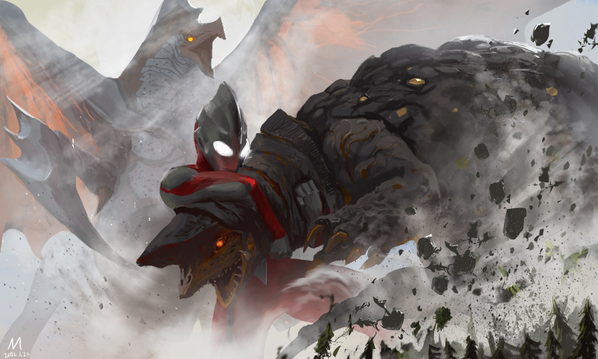 1boy, 2others, absurdres, alien, claws, colored_skin, commentary, compound_eyes, dated, debris, dorsal_fin, fighting, forest, glowing, glowing_eyes, golza, grey_skin, headlock, highres, manhuajiazhishen, melba_(ultra_series), monster, multicolored_skin, multiple_others, nature, red_skin, signature, tokusatsu, tree, ultra_series, ultraman_tiga, ultraman_tiga_(power_type), ultraman_tiga_(series), white_eyes