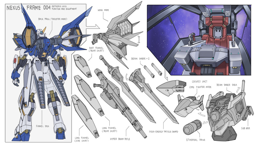 absurdres, arrow_(symbol), beam_rifle, cockpit, commentary, concept_art, core, core_fighter