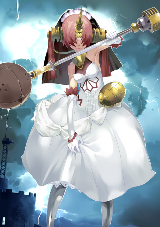 1girl, arm_up, armpits, bare_shoulders, black_veil, blue_background, breasts, bridal_chest_(fate)