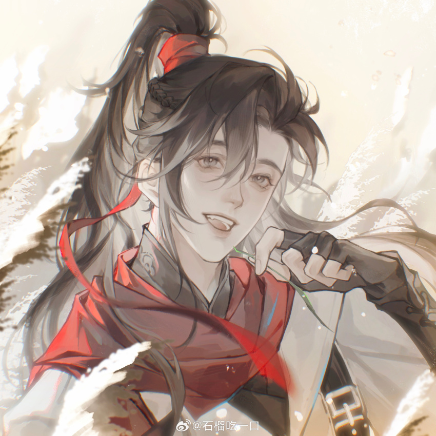1boy, absurdres, black_gloves, brown_hair, chinese_clothes, chinese_commentary, fang, fingerless_gloves