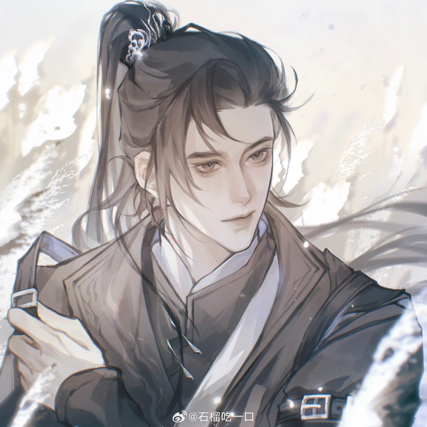 1boy, absurdres, adjusting_clothes, arm_belt, belt, black_hair, black_hanfu, chinese_clothes
